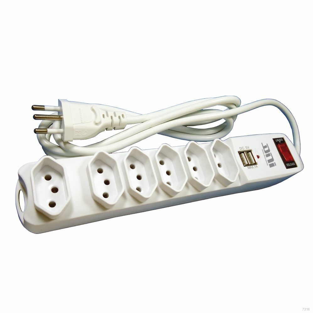 FILTRO DE LINHA C/ CHAVE DISJUNTORA 2 USB + 6TOM 2P+T, 10A 250VAC CABO PP 1,5M