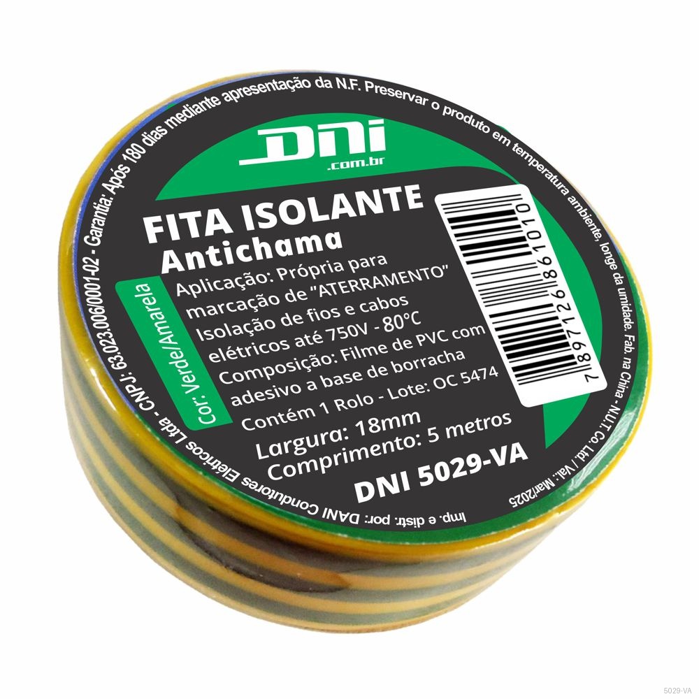 FITA ISOLANTE EM PVC VERDE AMARELA - ROLO 5 METROS
