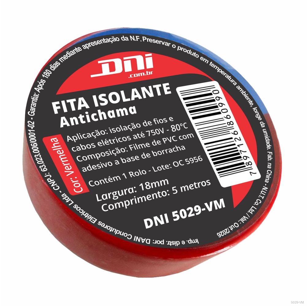 FITA ISOLANTE EM PVC VERMELHA - ROLO 5 METROS
