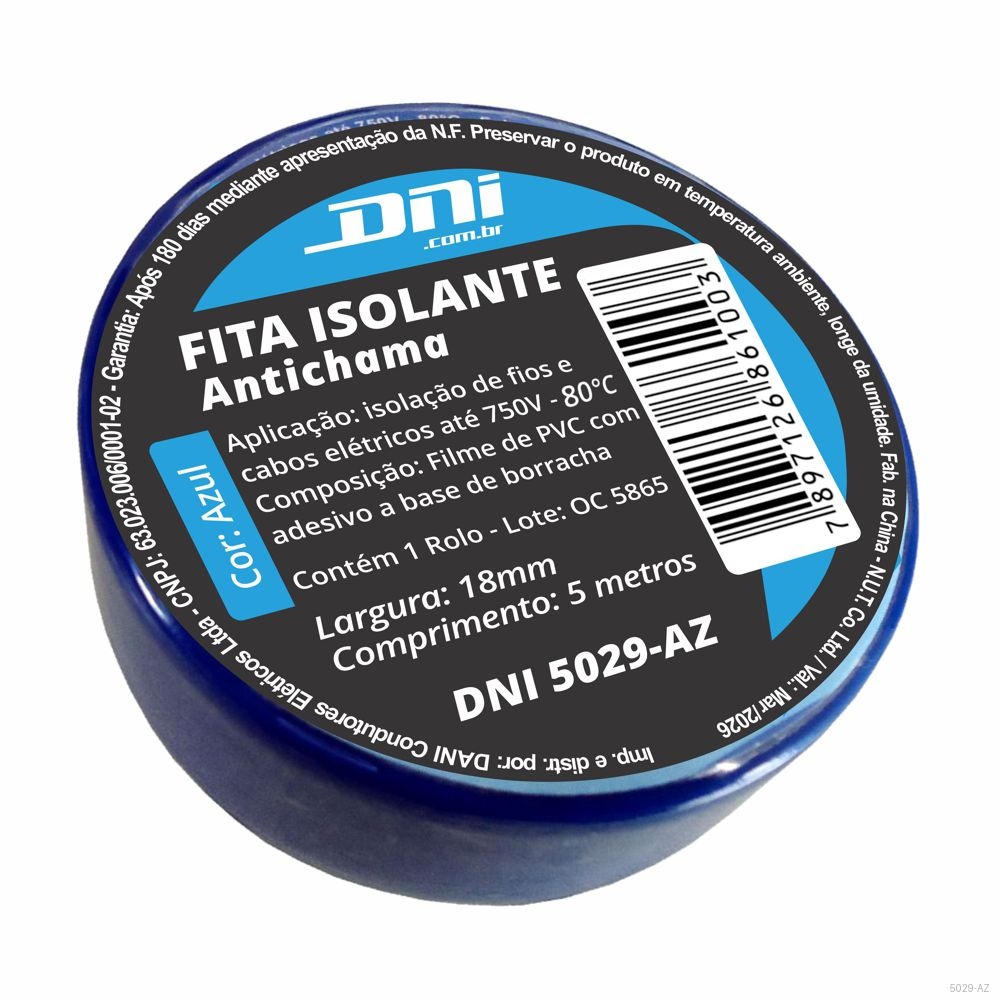 FITA ISOLANTE EM PVC AZUL - ROLO 5 METROS