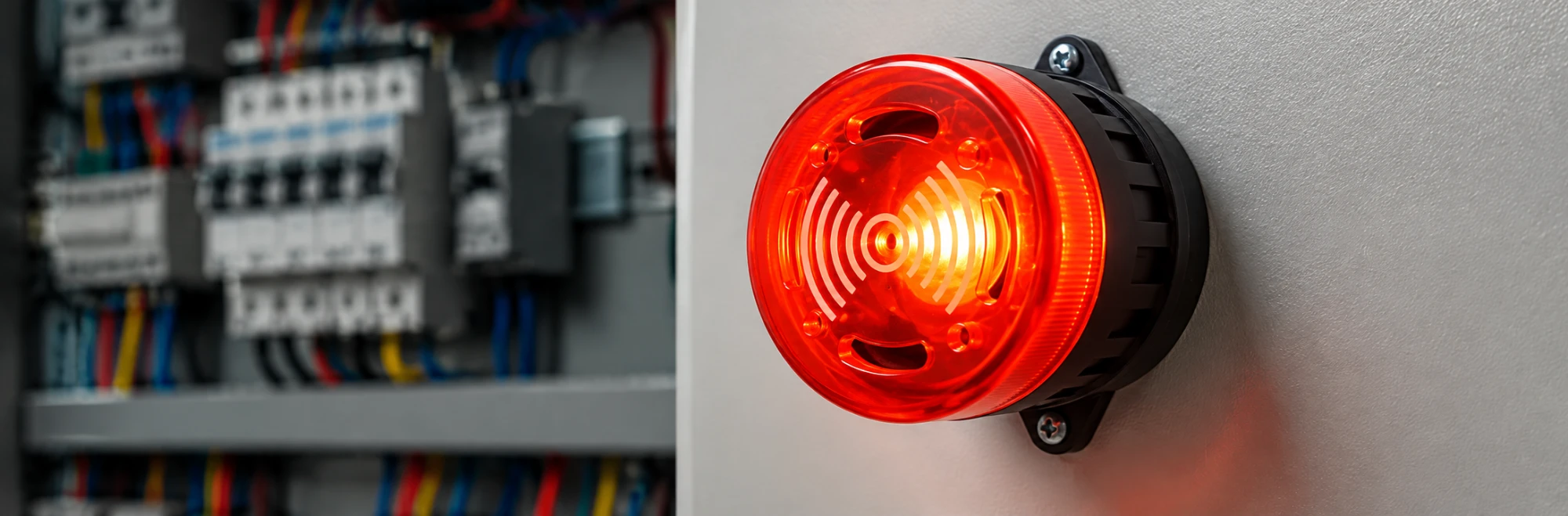 Alarme sonoro buzzer sinaleiro LED vermelho instalado na porta de um painel elétrico