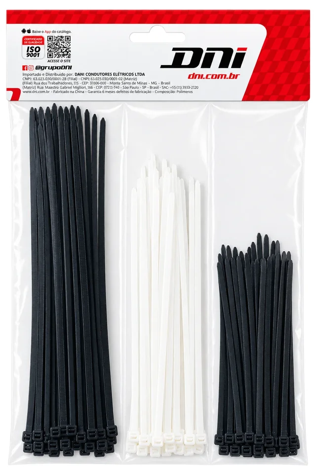 Kit de abraçadeiras de nylon DNI pretas e brancas em três tamanhos